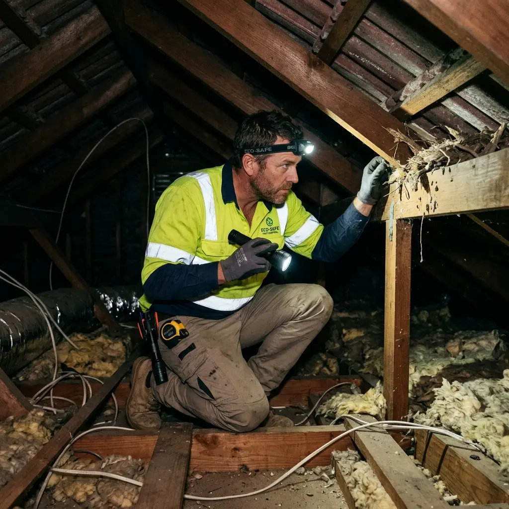 Technician inspecting a roof cavity for a dead animal in Fitzroy North