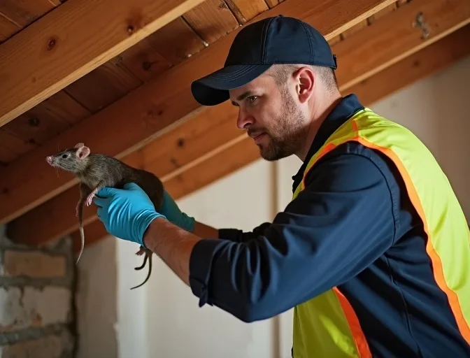 Technician inspecting a roof cavity for a dead rat in Fitzroy North